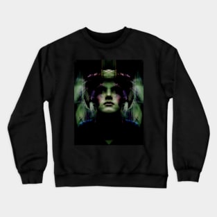 Portrait, digital collage, special processing. Dark, strong. Guy face looking up high. Fantasy. Green and violet. Crewneck Sweatshirt